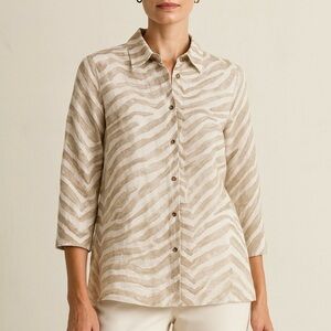iLinen 100% Linen Quiet Luxury Beige Zebra Print Button Front Shirt Jacket XS